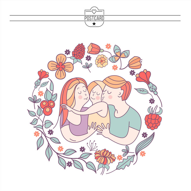 Happy family. Vector illustration for the international family day. Happy parents and their children. Framed by a floral wreath. - Vektor, Bild