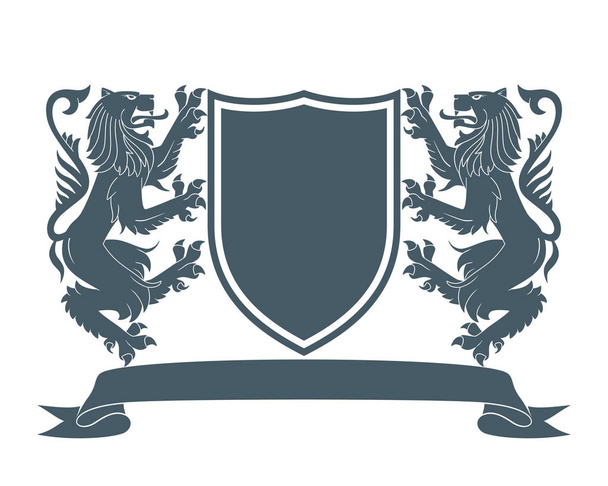 mittelalterliches Wappen. Zwei Löwen halten ein Schild. Vektorillustration - Vektor, Bild