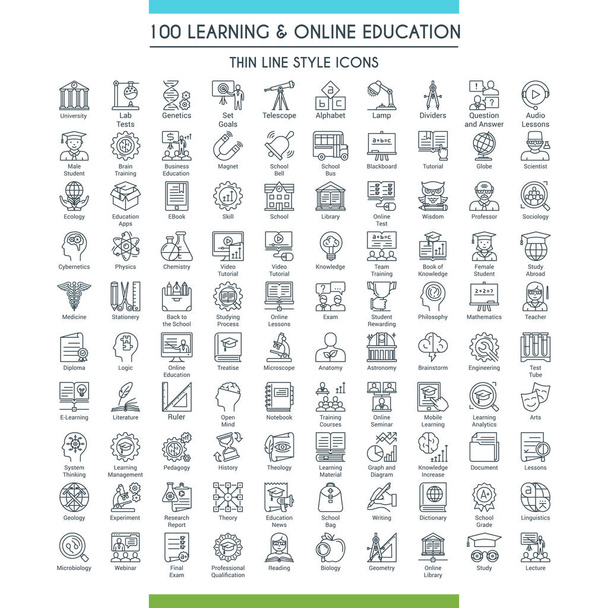Learning and online education icons set. Modern icons on theme knowledge, scince, teaching, school and university. Thin line design icons collection. Vector illustration - Vector, Image