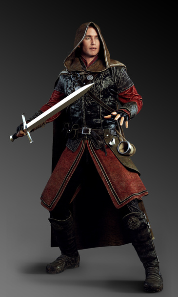CGI Illustration of Fantasy Male Hunter in Leather Armor with Hood and Sword - Photo, Image