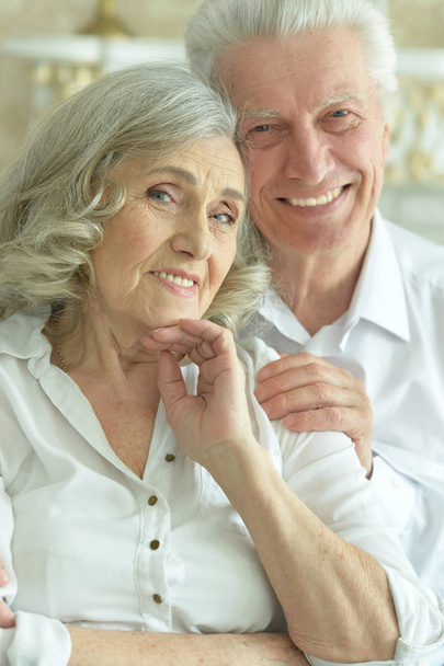 close up portrait of happy mature couple at home - Фото, изображение