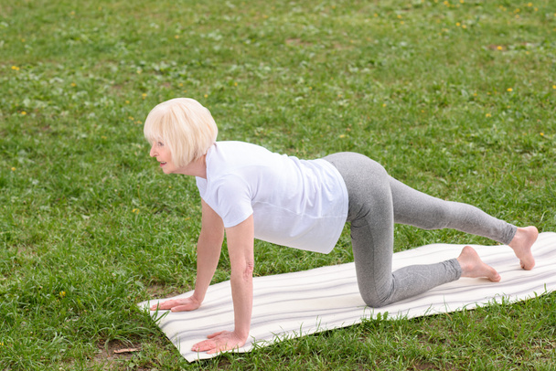 iäkäs nainen harjoittelee joogaa matolla nurmikolla
 - Valokuva, kuva