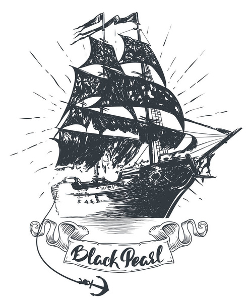 Piratenschiff - handgezeichnete Vektorillustration, schwarze Perlschrift - Vektor, Bild
