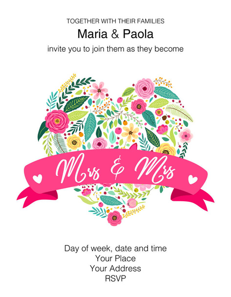 Красивое женское свадебное цветочное приглашение для однополых пар
 - Вектор,изображение