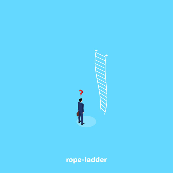 a man in a business suit is standing in front of a rope ladder leaving in the sky, an isometric image - Vector, Imagen
