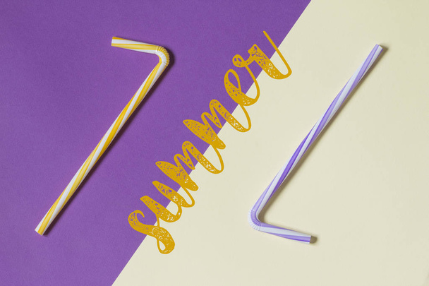 Creative view of drinking straws for party on a two-tone background - ultra violet and yellow. Top view.  - Photo, Image