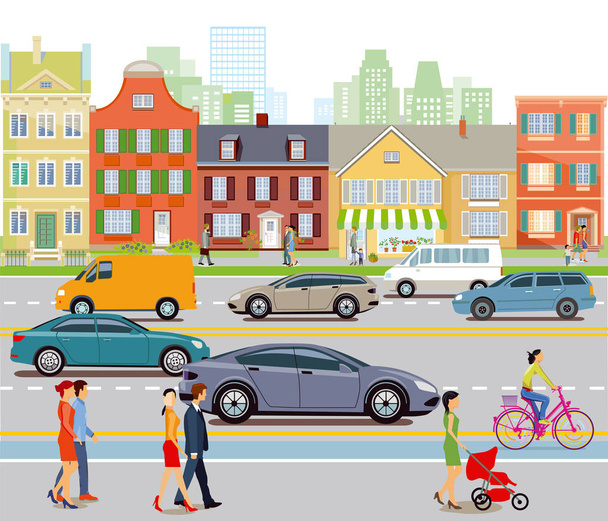 Город с автомобильным движением и пешеходами, иллюстрация
 - Вектор,изображение