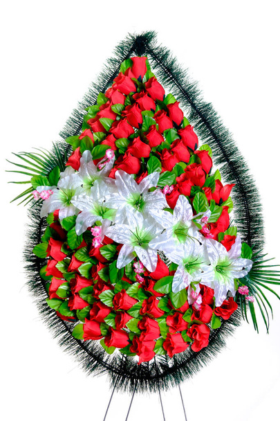 Colorful flower arrangement wreath for funerals isolated - Photo, Image