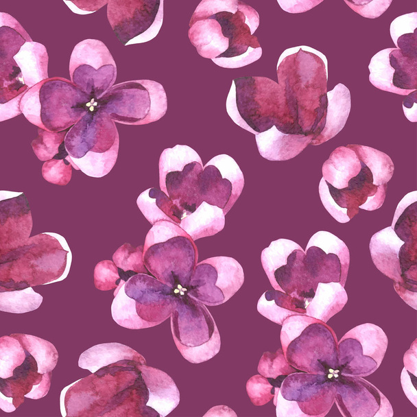 Purple Lilac flowers and petals watercolor style vector seamless pattern - Vektor, kép