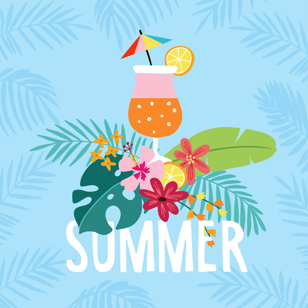 Hand drawn summer party greeting card, invitation with cocktail drink. Lemon, orange fruit with tropical palm and monstera leaves and hibiscus flowers. Vector illustration, web banner. - Вектор,изображение