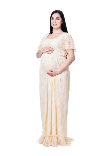 Młodzi, kobiety w ciąży, pozowanie na białym tle na białym tle - Zdjęcie, obraz