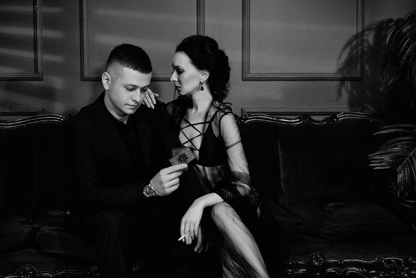 black and white photo of young gorgeous fashion couple posing - Φωτογραφία, εικόνα