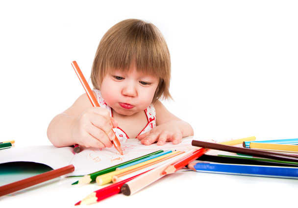 Little baby girl draws pencil - Foto, immagini