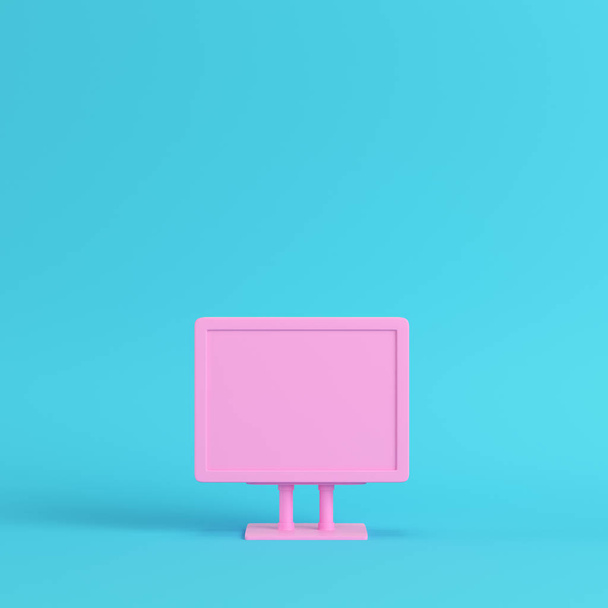 Pink blank advertising billboard on bright blue background in pastel colors. Minimalism concept. 3d render - 写真・画像