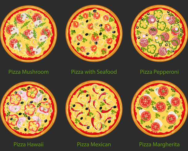 Set de pizza con diferentes ingredientes. Pizza plana vectorial sobre fondo negro
. - Vector, Imagen