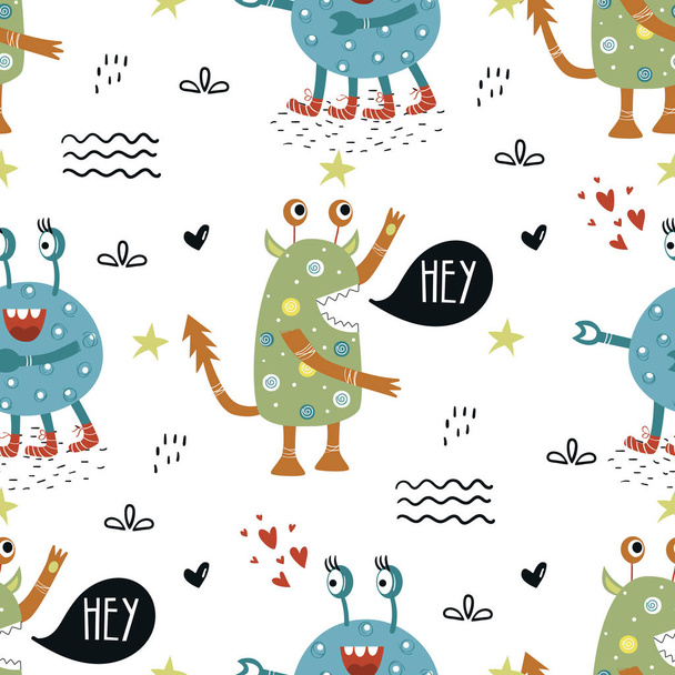 Funny monsters seamless pattern with lettering. Color kids vector illustration in scandinavian style. - Photo, Image