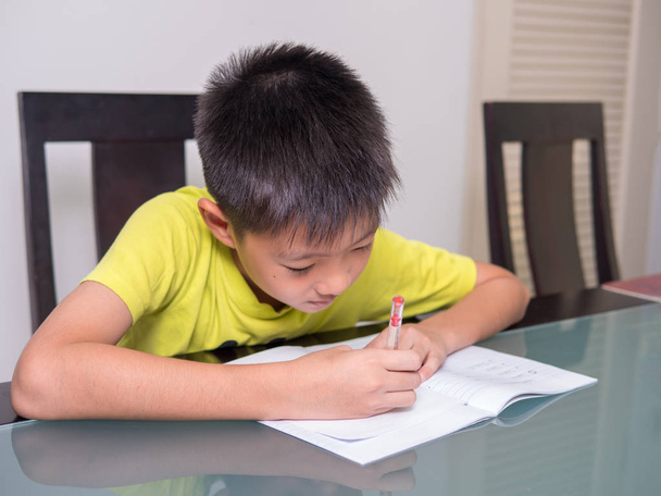 Маленький азиатский студент учится и делает домашнюю работу дома, на столе, домашнее образование
 - Фото, изображение