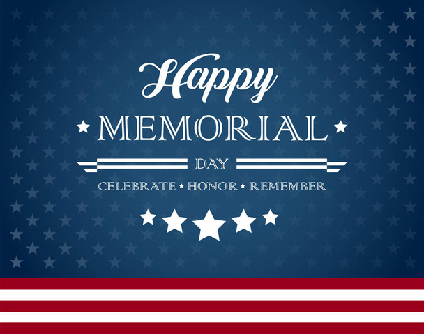 Happy Memorial Day background with text - Celebrate, Honor, Remember - dark blue stars background and red stripes - vector illustration - Vector, Image