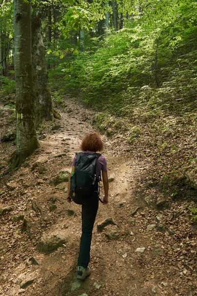 Woman hiker with backpack on a trail in the mountains - 写真・画像
