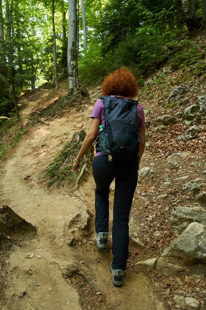 Woman hiker with backpack on a trail in the mountains - Fotografie, Obrázek