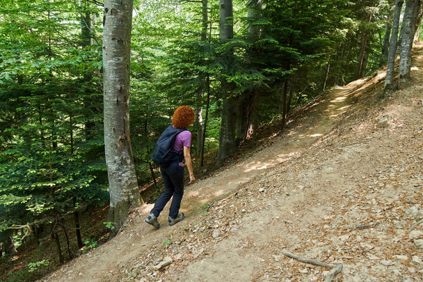 Woman hiker with backpack on a trail in the mountains - Foto, afbeelding