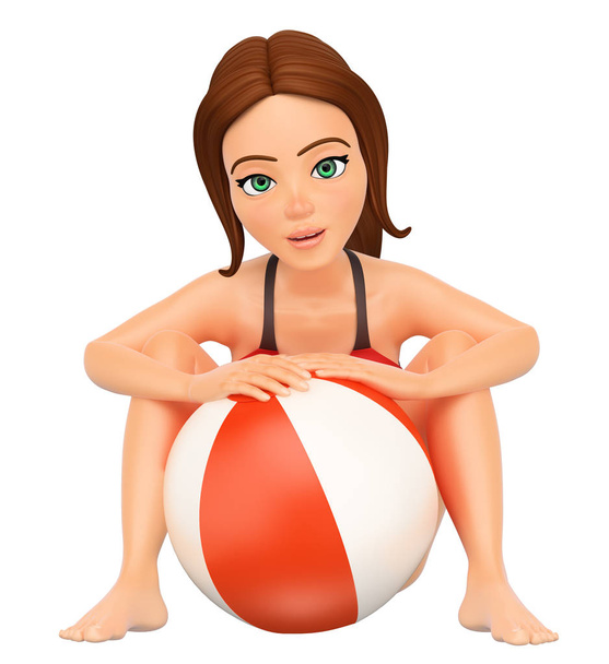 3D illustratie van de jongeren. Vrouw in bikini zittend met een strandbal. Geïsoleerde witte achtergrond. - Foto, afbeelding