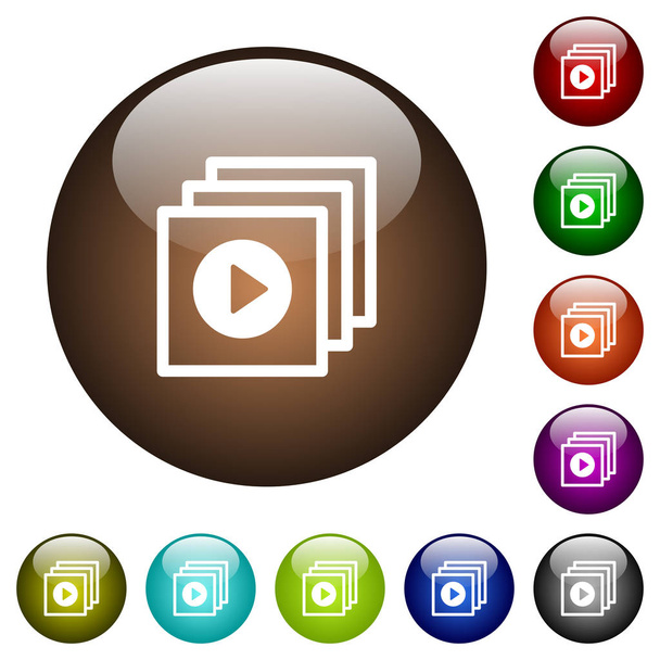 Reproduzir arquivos ícones brancos em botões de vidro de cor redonda
 - Vetor, Imagem