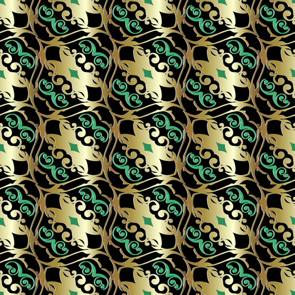 Vintage gold vector seamless pattern. Baroque background. Victorian style ornate design. Surface texture. Golden green ornaments on the black background. Decor elements with shadows and highlights. - Вектор, зображення