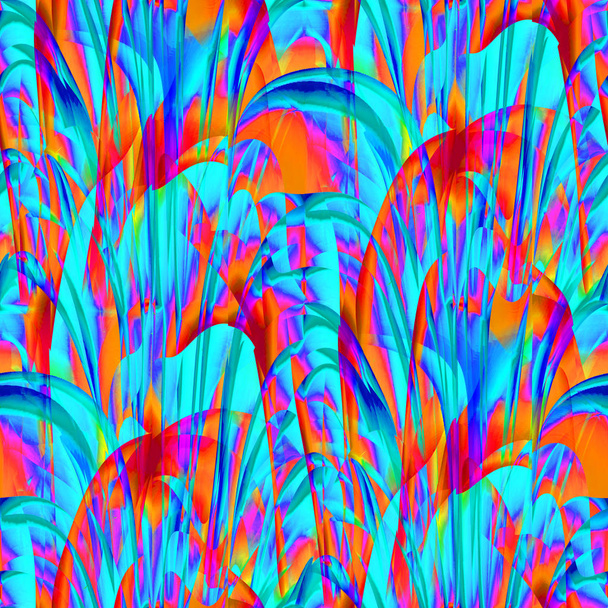 Abstracte geometrische exotische fantasie achtergrond. Complexe gebogen patroon turquoise, oranje, paars, blauw en paars, verticaal. - Foto, afbeelding