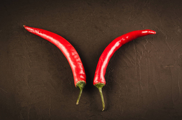 two red hot Chile pepper on a dark stone background/two red hot Chile pepper on a dark stone background. Top vie - 写真・画像