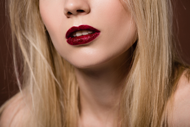 cropped shot of sensual young blonde woman with red lips - Fotoğraf, Görsel