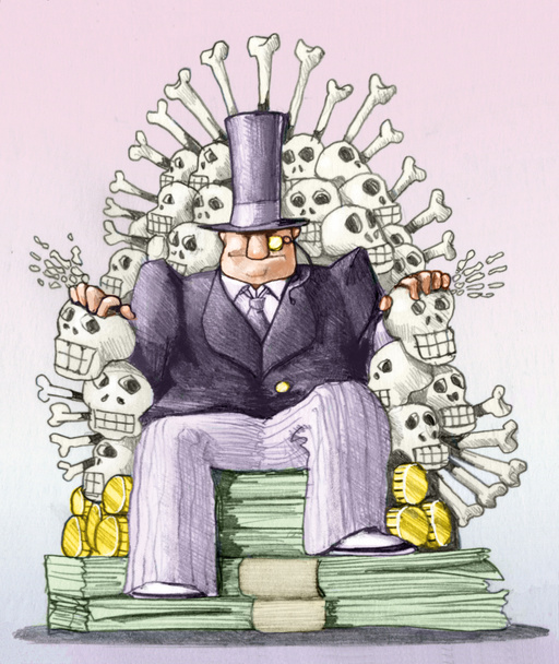 a banker sat on a throne of money and skeletons image of power and destruction - Photo, Image