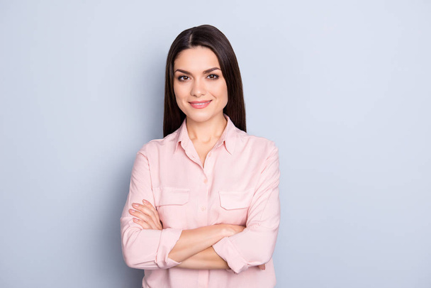 Portrait of pretty, charming, cute, trendy gorgeous good woman in classic shirt having her arms crossed looking at camera isolated on grey background - Φωτογραφία, εικόνα
