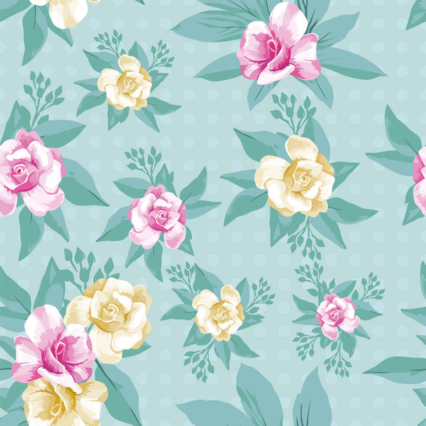 Pink yellow beauty flowers rose with leaves seamless pattern mint background. Trendy vector illustrations - Vektor, obrázek