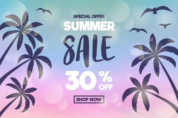 Summer Sale - shiny poster with palms and seagulls. Vector. - Vetor, Imagem