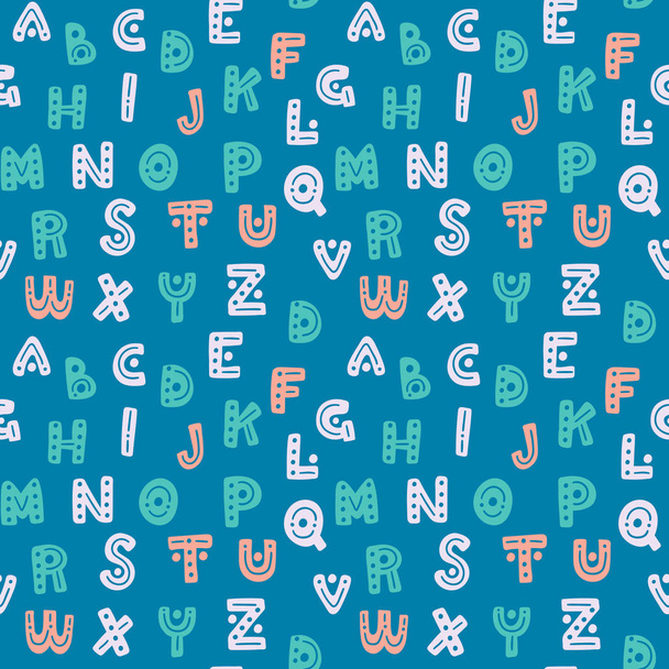 Şirin el çekilmiş alfabe sorunsuz vektör desen. Mavi ve pembe dekoratif harfler arka plan. Tatlı doku tekstil tasarım ve baskı için - Vektör, Görsel