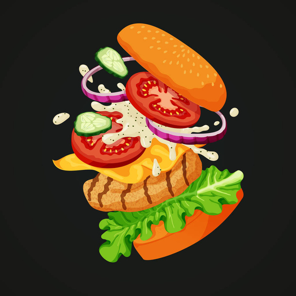 Vector illustration of a flying chicken burger separated into layers showing ingredients: sesame topped bun, fresh cucumbers, red onions, tomatoes, white mayonnaise sauce, cheese, lettuce and grilled chicken patty on a dark background. - Vecteur, image