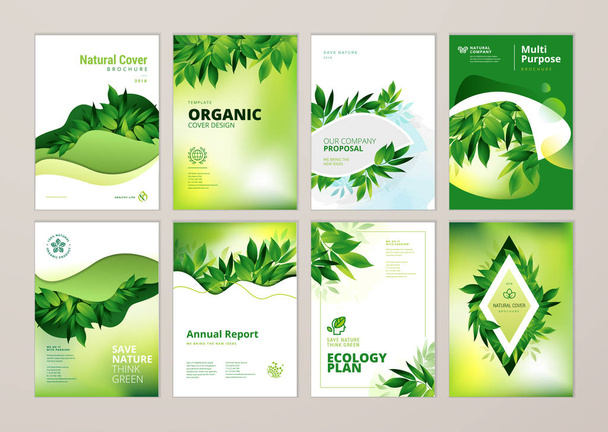Набор брошюр и ежегодный отчет охватывают шаблоны дизайна на тему природы, окружающей среды и органических продуктов. Векторные иллюстрации для оформления листовок, маркетинговых материалов, журналов, презентаций
 - Вектор,изображение