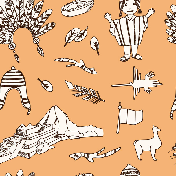 Peru hand drawn doodle seamless pattern. Sketches. Vector illustration for design and packages product. - Vektor, Bild