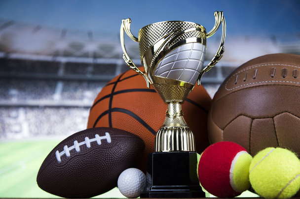 Cups of winners award, Sport equipment and balls - Photo, Image