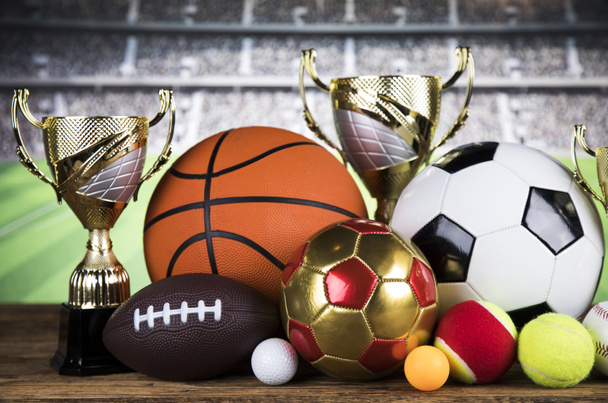 Cups of winners award, Sport equipment and balls - Photo, Image