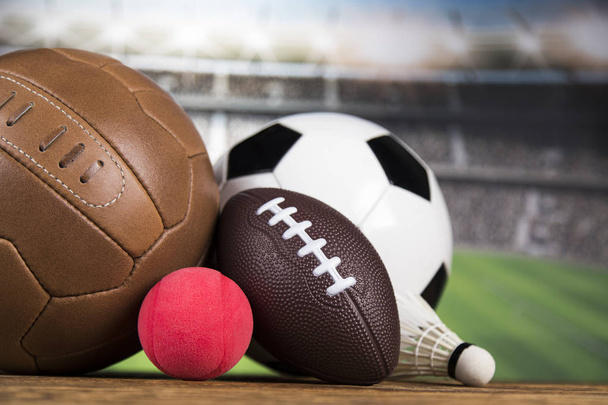 Sport equipment and balls, stadium background - Photo, Image