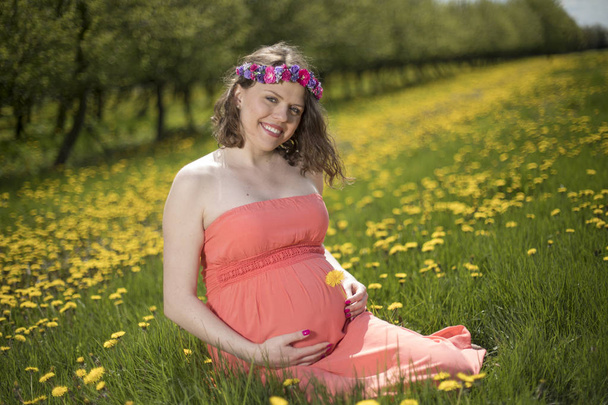 Bahar bahçe çiçek açan dandelions arasında güzel hamile kadın - Fotoğraf, Görsel