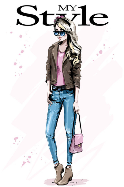 Beautiful young woman outfit. Fashion woman with bag. Stylish blond hair girl with sunglasses. Sketch.  - Vector, Image