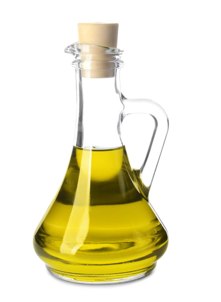 Jug with olive oil on white background - Photo, image