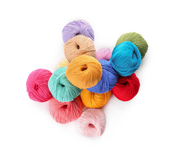 Colorful knitting yarn on white background - Fotoğraf, Görsel