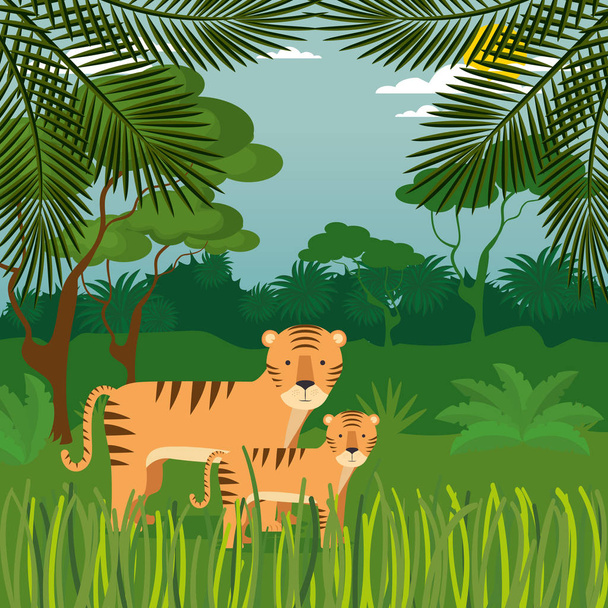 wild animals in the jungle scene - Vector, Image