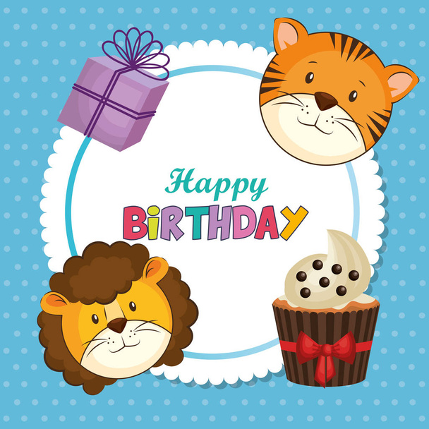 joyeux anniversaire carte avec animaux mignons vecteur illustration design
 - Vecteur, image