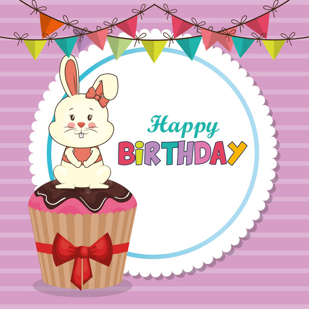 happy birthday card with cute rabbit - Vector, imagen
