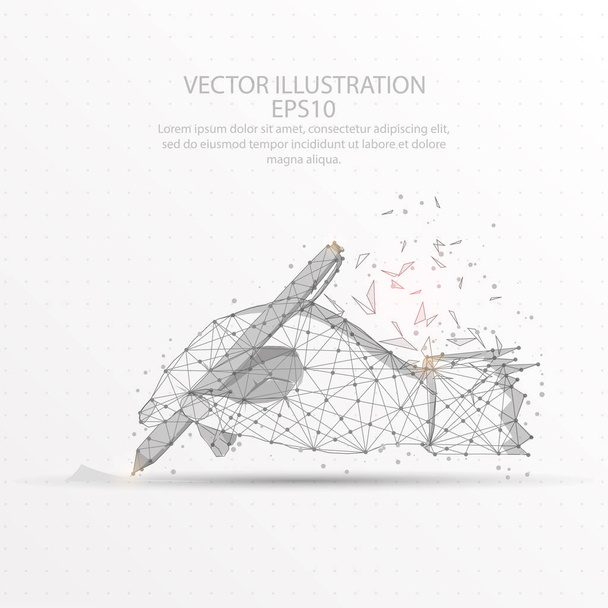 Hand writing shape line and composition digitally drawn low poly wire frame in the form of broken a part triangle and scattered dots on white background. - Vektori, kuva